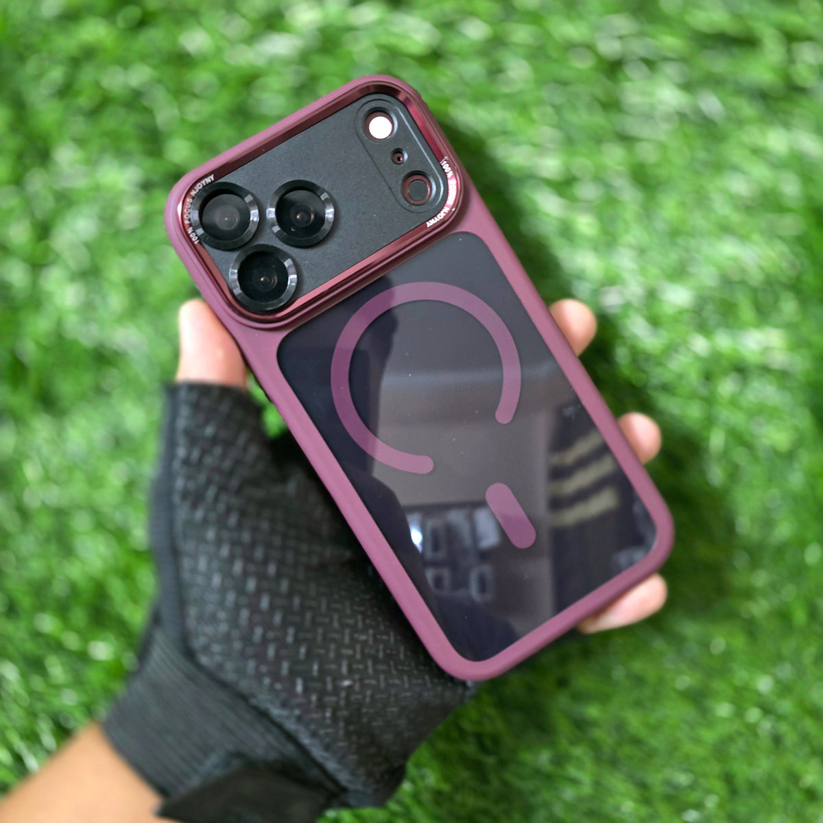 iPhone 18 Pro Max Original NjoyNY Semi Transparent Luxury Metal Lens Frame Cover with Magsafe & Camera Control Button - Wine