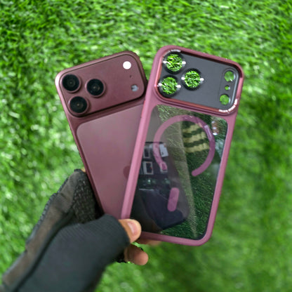 iPhone 18 Pro Max Original NjoyNY Semi Transparent Luxury Metal Lens Frame Cover with Magsafe & Camera Control Button - Wine