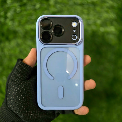 iPhone 18 Pro Max Original NjoyNY Semi Transparent Luxury Metal Lens Frame Cover with Magsafe & Camera Control Button - Sky Blue