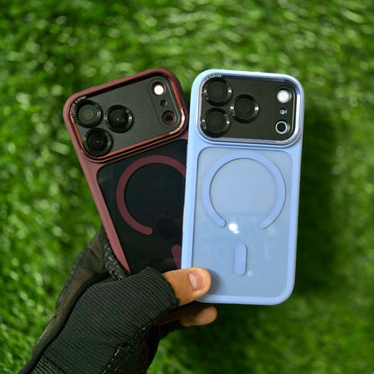iPhone 18 Pro Max Original NjoyNY Semi Transparent Luxury Metal Lens Frame Cover with Magsafe & Camera Control Button - Sky Blue