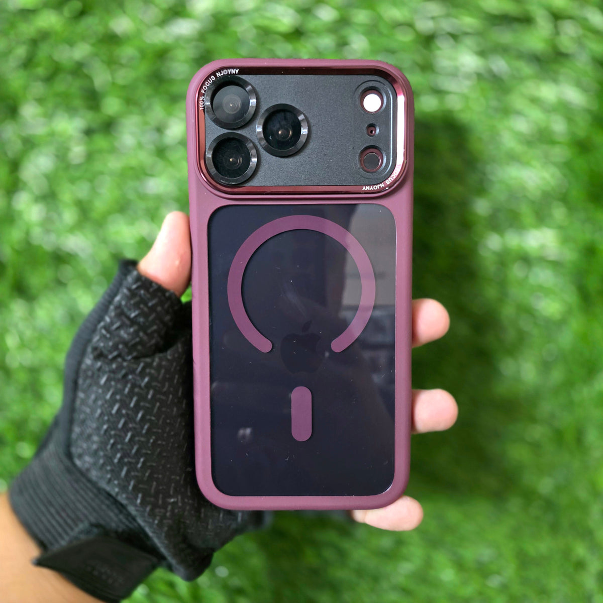 iPhone 18 Pro Max Original NjoyNY Semi Transparent Luxury Metal Lens Frame Cover with Magsafe & Camera Control Button - Wine