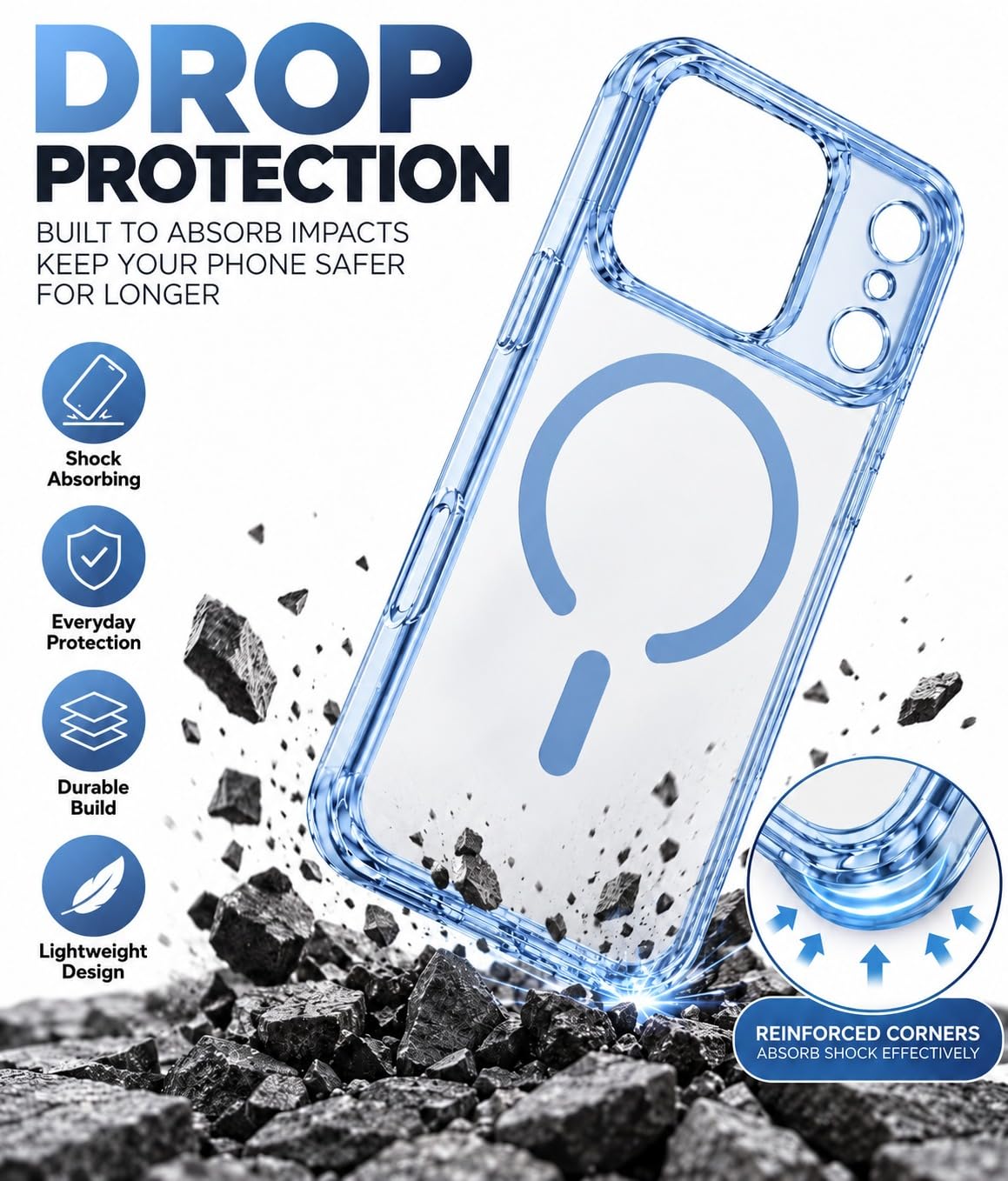iPhone 18 Pro Max Crystal Clear Anti Yellowing Semi-Transparent Case with Camera Control Button & Magsafe - Sky Blue