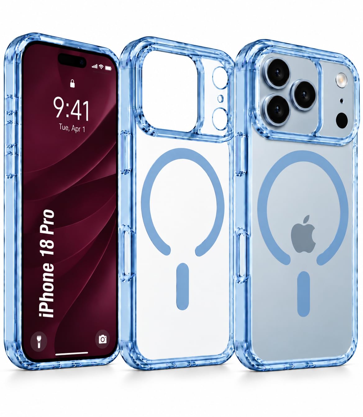 iPhone 18 Pro Max Crystal Clear Anti Yellowing Semi-Transparent Case with Camera Control Button & Magsafe - Sky Blue