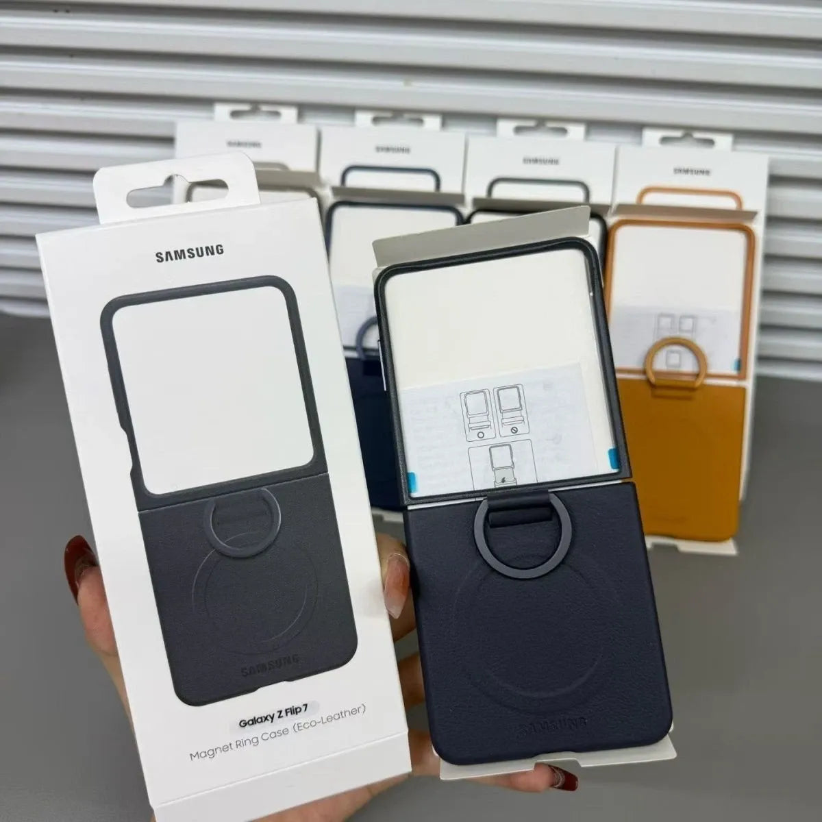 Samsung Z Flip8 Leather Case with Metal Ring Holder & Magsafe - Dark Grey