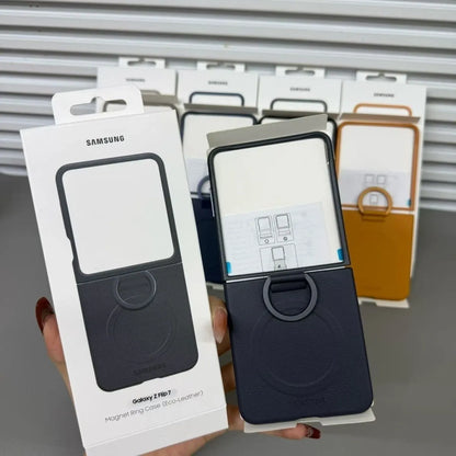 Samsung Z Flip8 Leather Case with Metal Ring Holder & Magsafe - Dark Grey