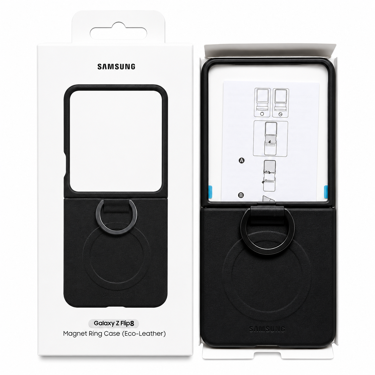 Samsung Z Flip8 Leather Case with Metal Ring Holder & Magsafe - Black