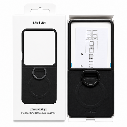 Samsung Z Flip8 Leather Case with Metal Ring Holder & Magsafe - Black