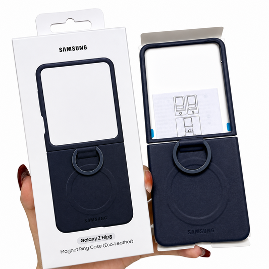 Samsung Z Flip8 Leather Case with Metal Ring Holder & Magsafe - Dark Grey