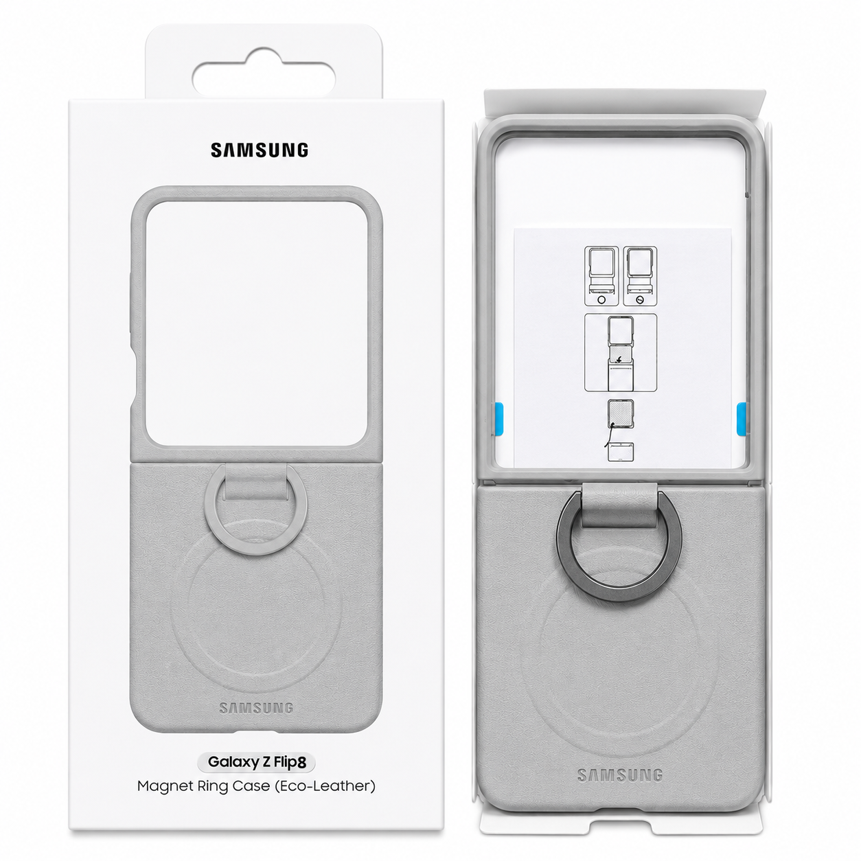 Samsung Z Flip8 Leather Case with Metal Ring Holder & Magsafe - Light Grey