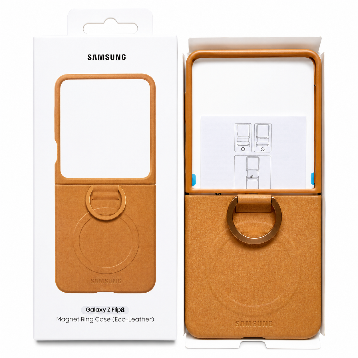 Samsung Z Flip8 Leather Case with Metal Ring Holder & Magsafe - Tan Brown