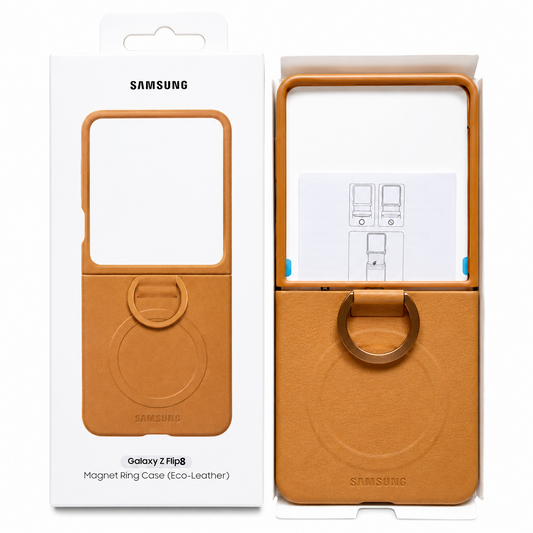 Samsung Z Flip8 Leather Case with Metal Ring Holder & Magsafe - Tan Brown