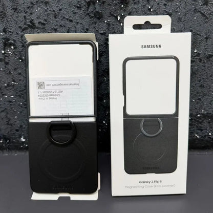 Samsung Z Flip8 Leather Case with Metal Ring Holder & Magsafe - Black