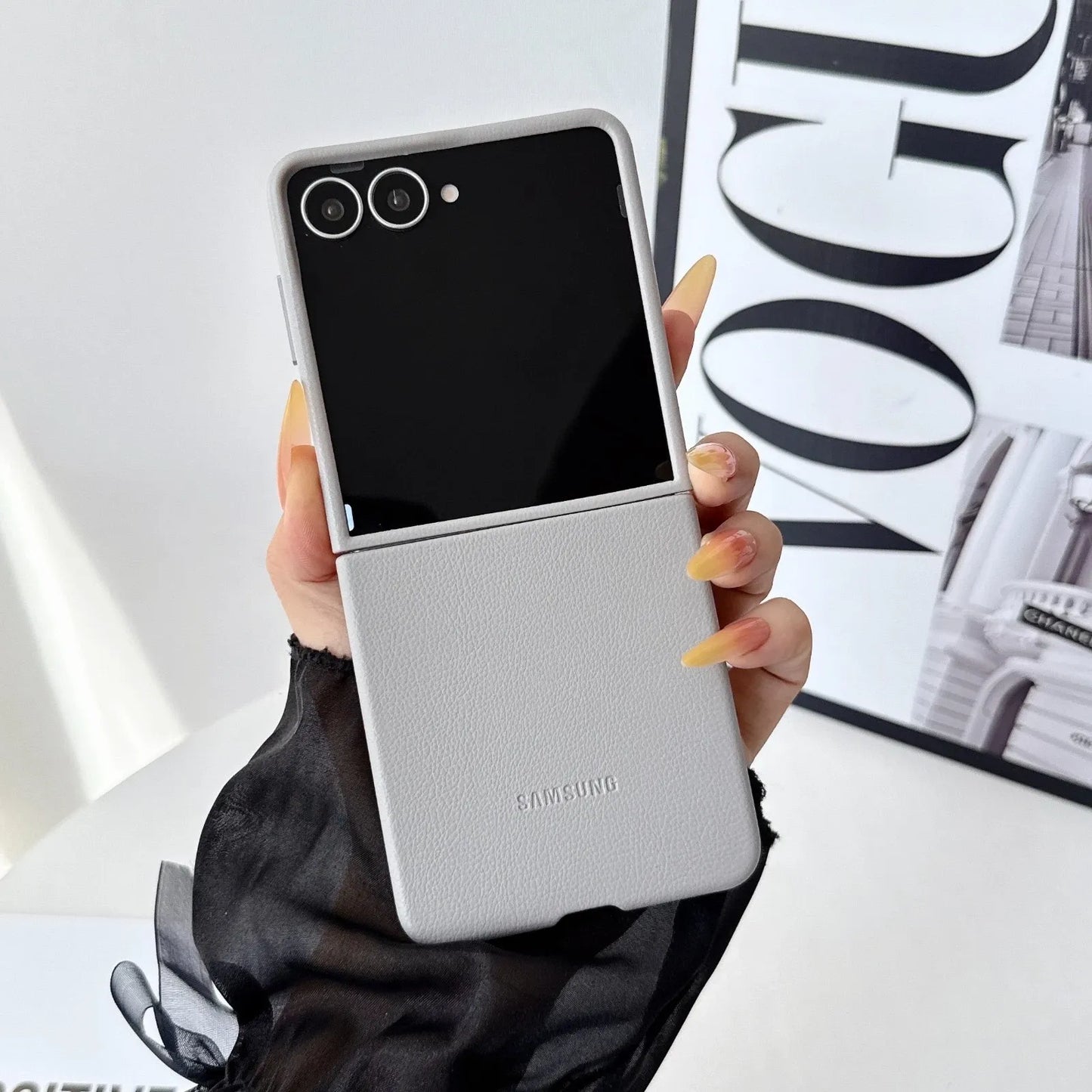 Samsung Galaxy Z Flip8 Leather Case, Slim Soft Inside - Light Grey