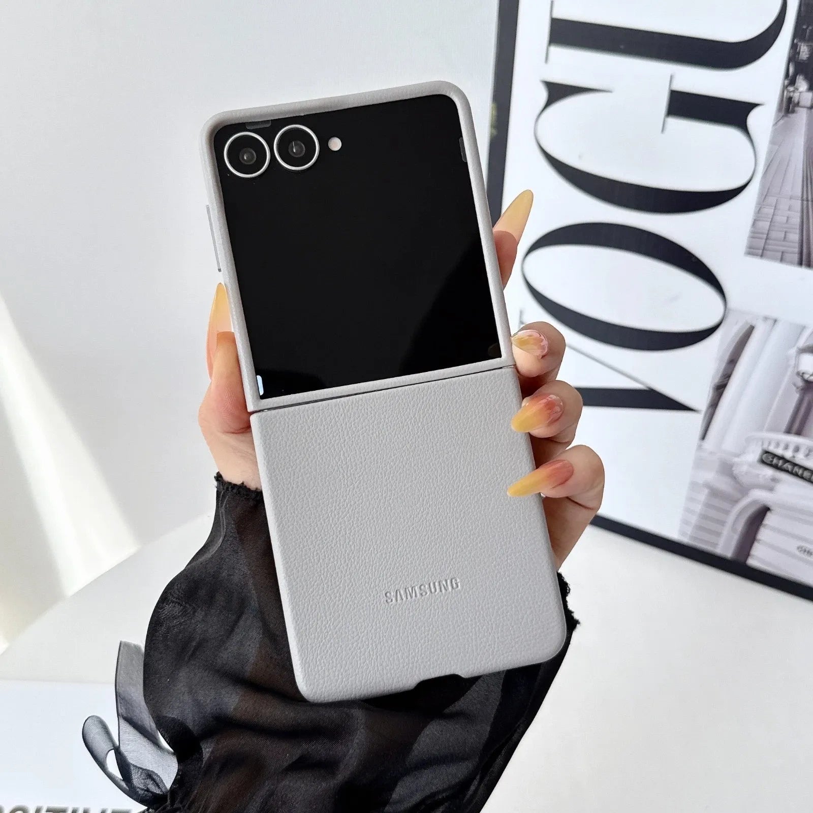 Samsung Galaxy Z Flip8 Leather Case, Slim Soft Inside - Light Grey