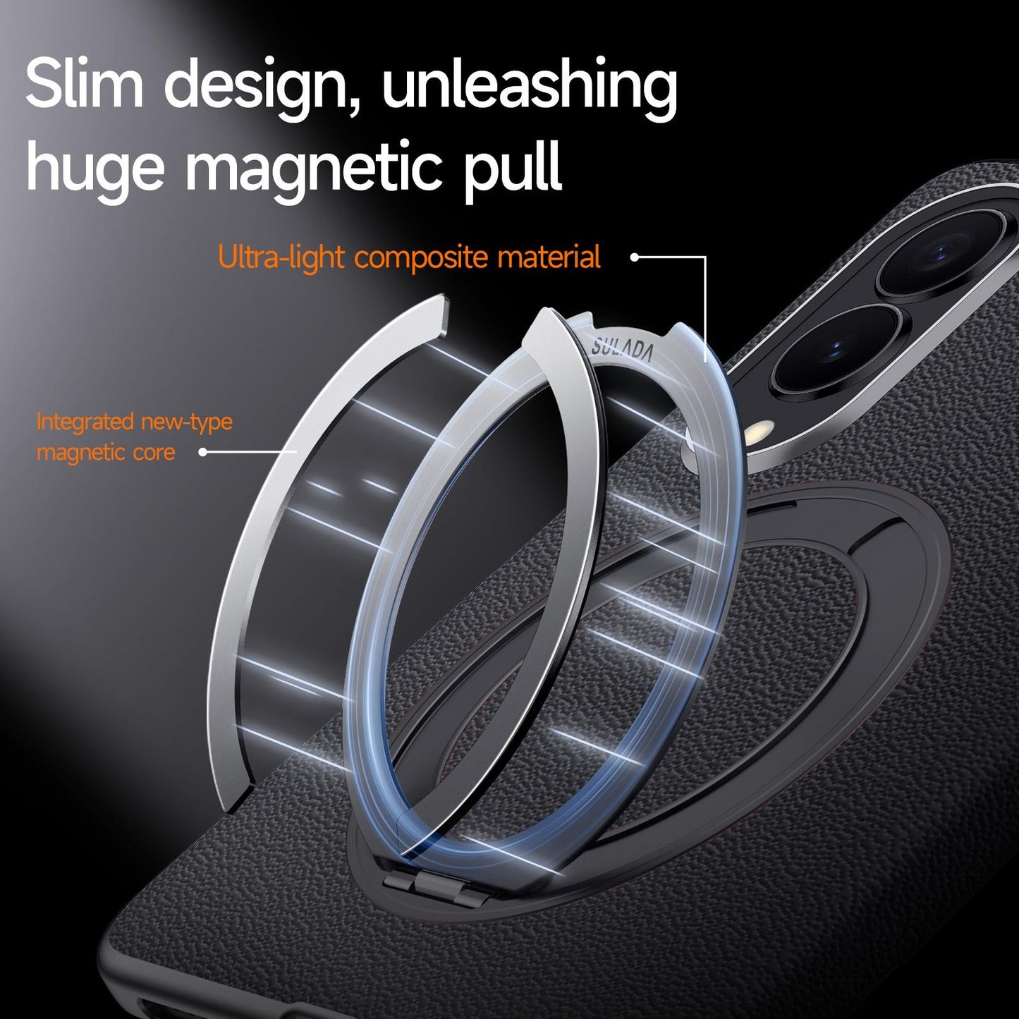Samsung Fold8 SULADA Top Grain Leather Case Hinge Cover with Magsafe & Kickstand - Black (Only Back)