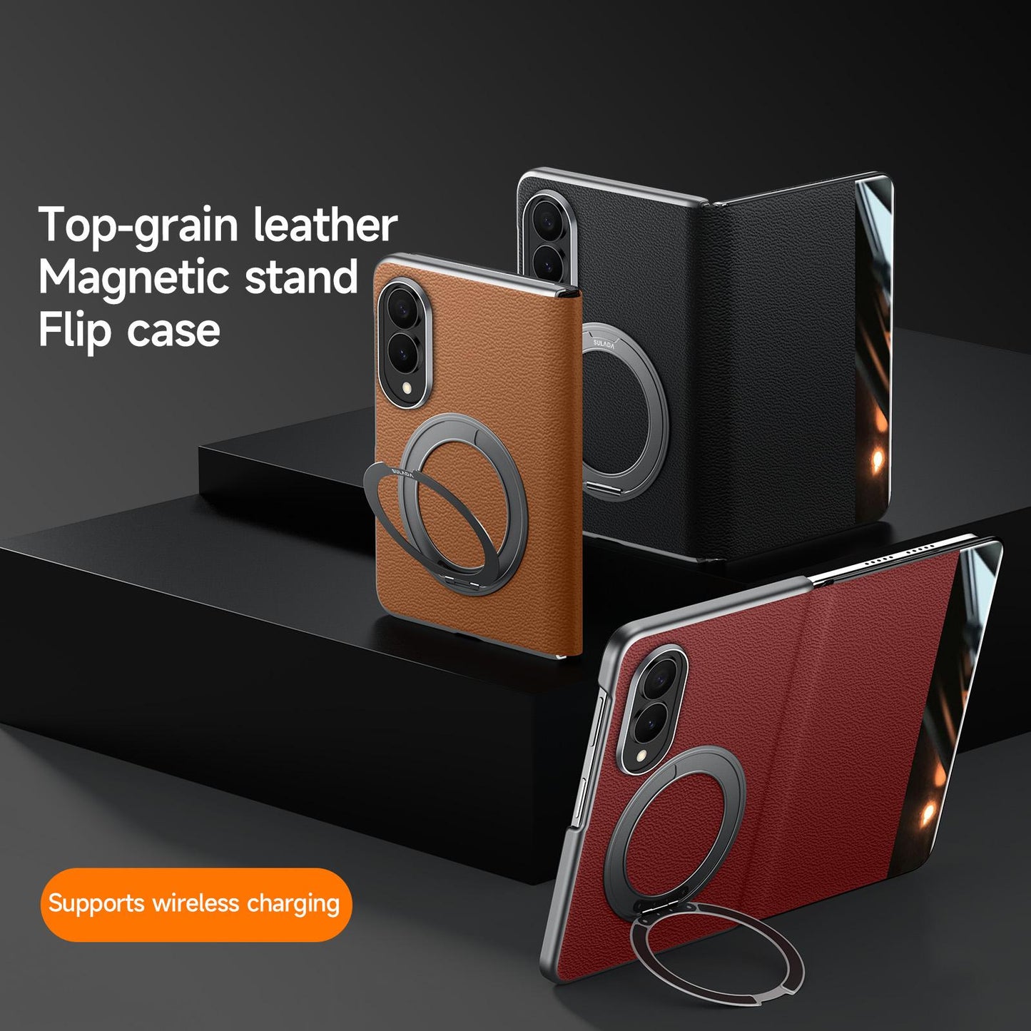 Samsung Z Fold8 SULADA Leather Case, S-View Window Magnetic Ring Holder Kickstand Cover with Magsafe - Brown