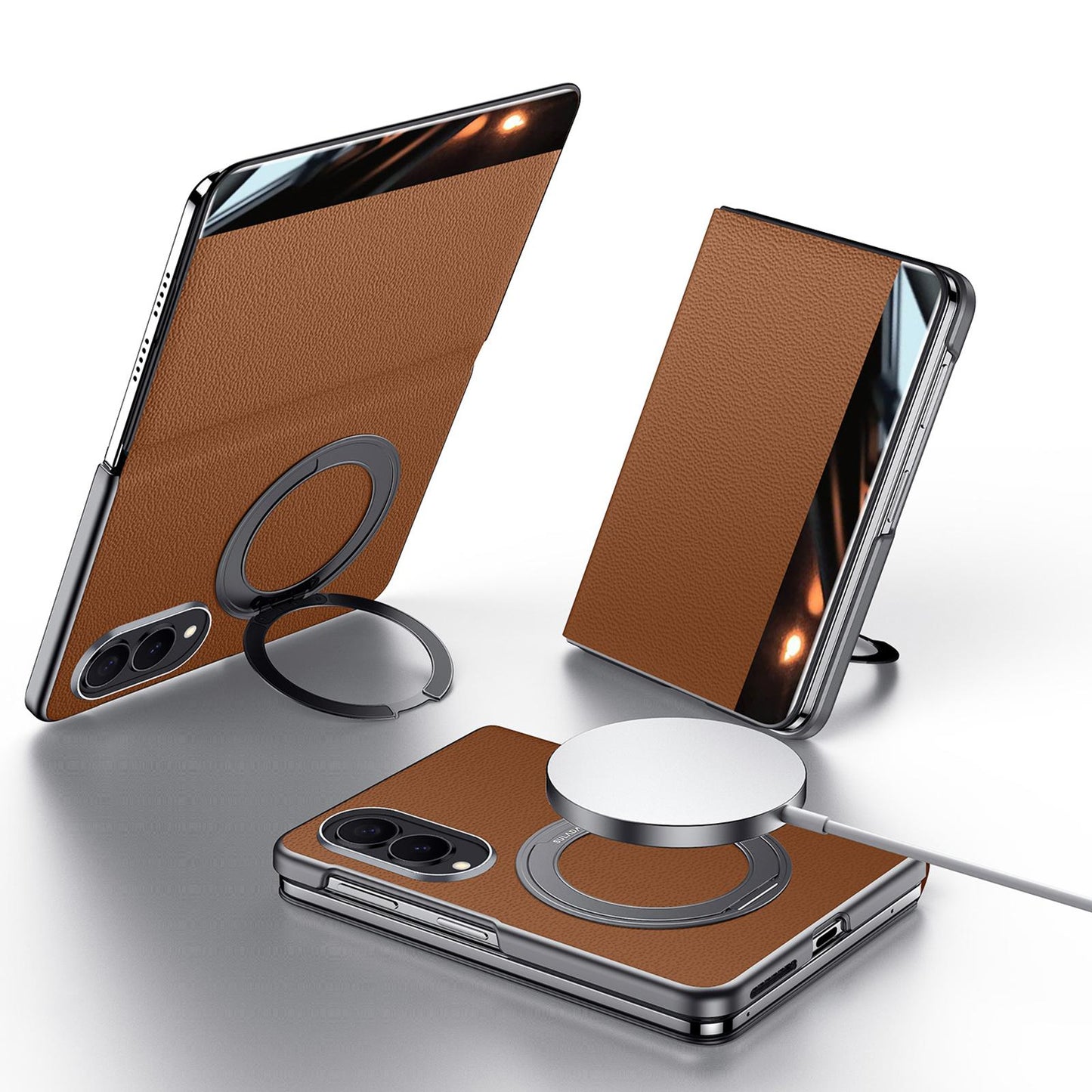 Samsung Z Fold8 SULADA Leather Case, S-View Window Magnetic Ring Holder Kickstand Cover with Magsafe - Brown