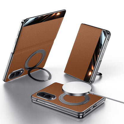 Samsung Z Fold8 SULADA Leather Case, S-View Window Magnetic Ring Holder Kickstand Cover with Magsafe - Brown