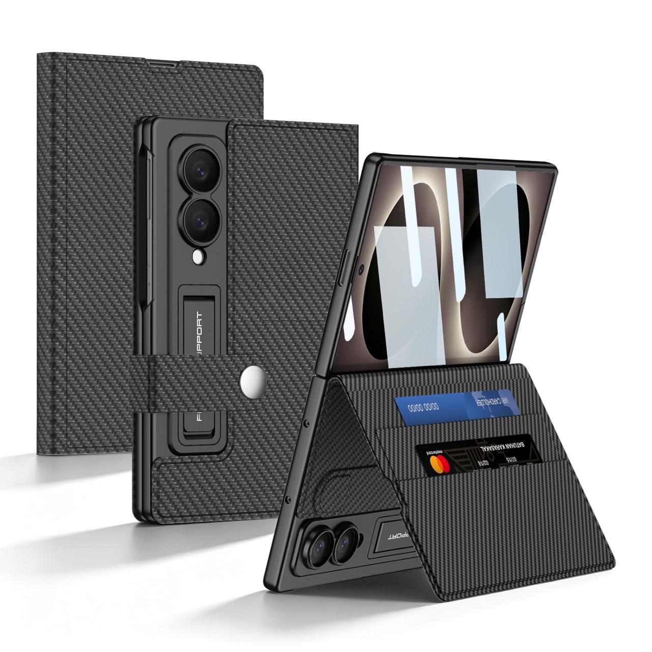 Samsung Z Fold8 GKK Leather Flip Case, Card Slot, Inbuild Front Glass with Kickstand - Carbon Black