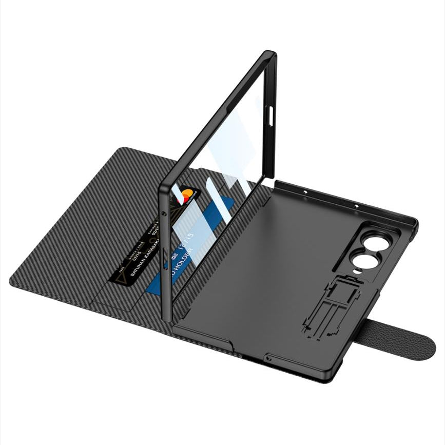 Samsung Z Fold8 GKK Leather Flip Case, Card Slot, Inbuild Front Glass with Kickstand - Black