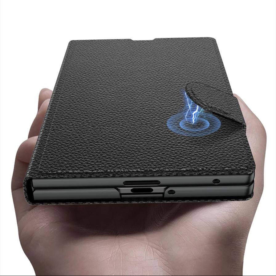 Samsung Z Fold8 GKK Leather Flip Case, Card Slot, Inbuild Front Glass with Kickstand - Black