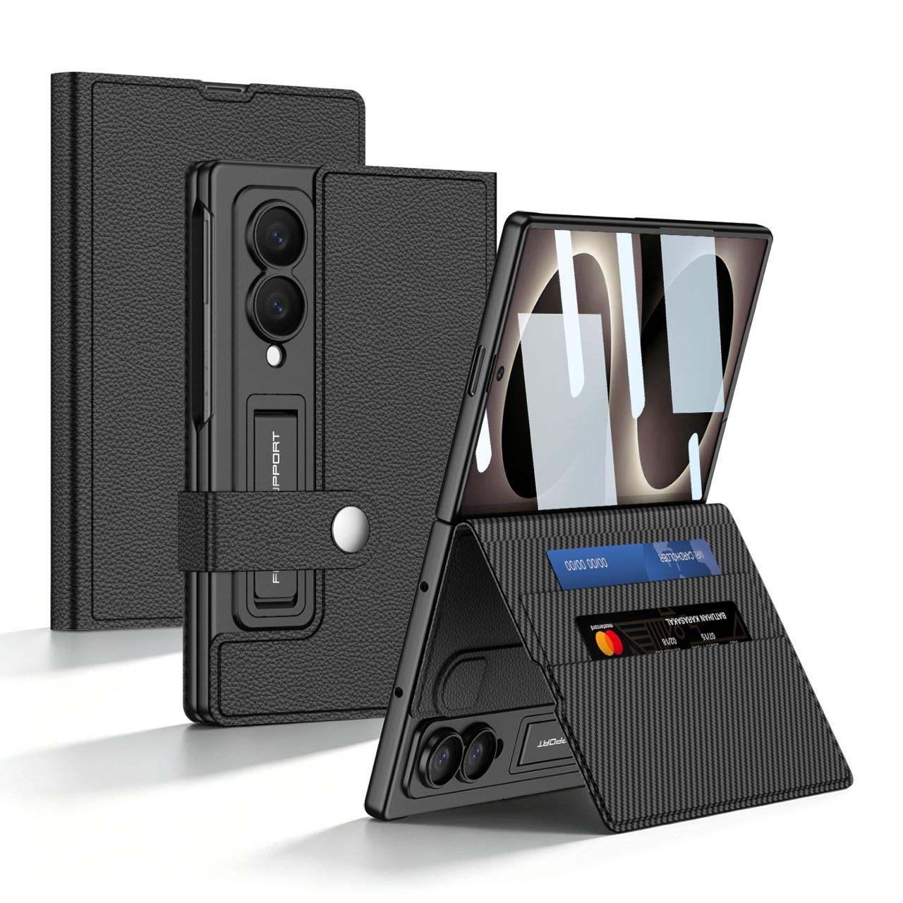 Samsung Z Fold8 GKK Leather Flip Case, Card Slot, Inbuild Front Glass with Kickstand - Black