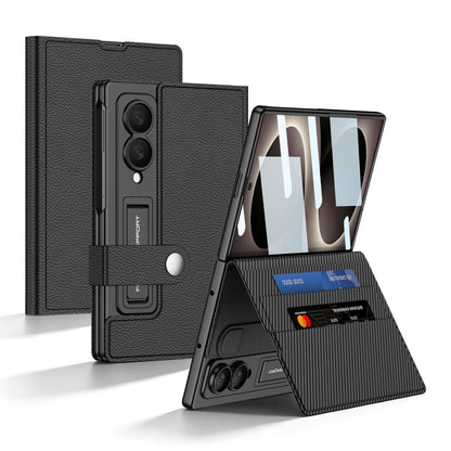 Samsung Z Fold8 GKK Leather Flip Case, Card Slot, Inbuild Front Glass with Kickstand - Black