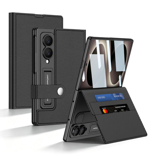Samsung Z Fold8 GKK Leather Flip Case, Card Slot, Inbuild Front Glass with Kickstand - Black