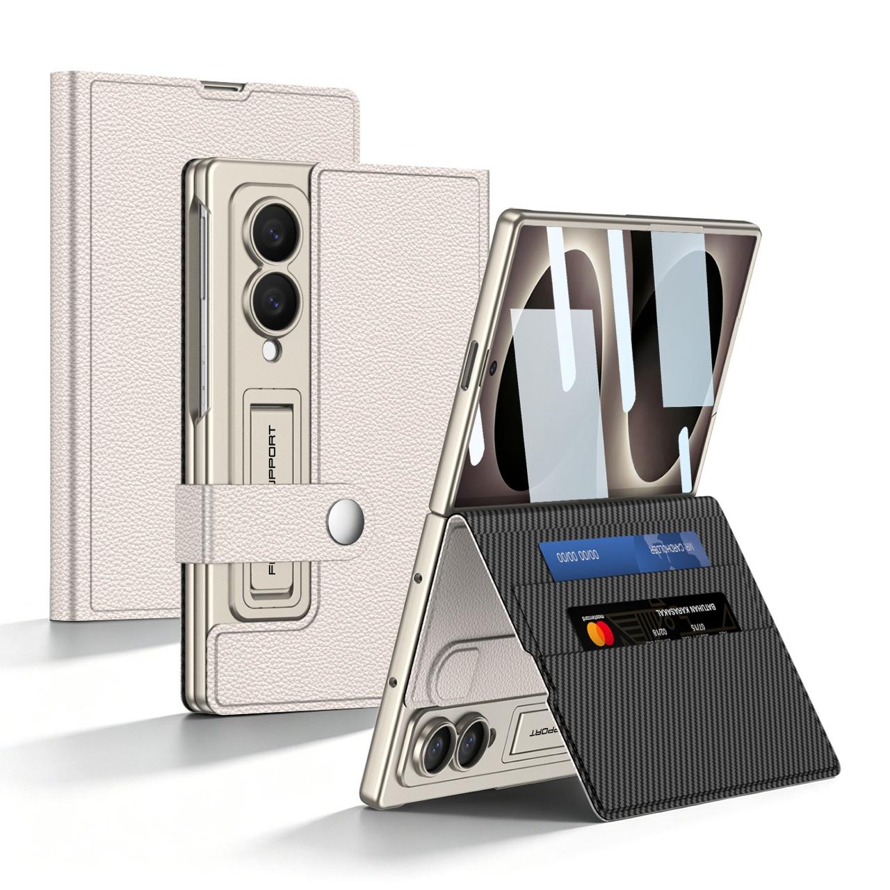 Samsung Z Fold8 GKK Leather Flip Case, Card Slot, Inbuild Front Glass with Kickstand - Titanium