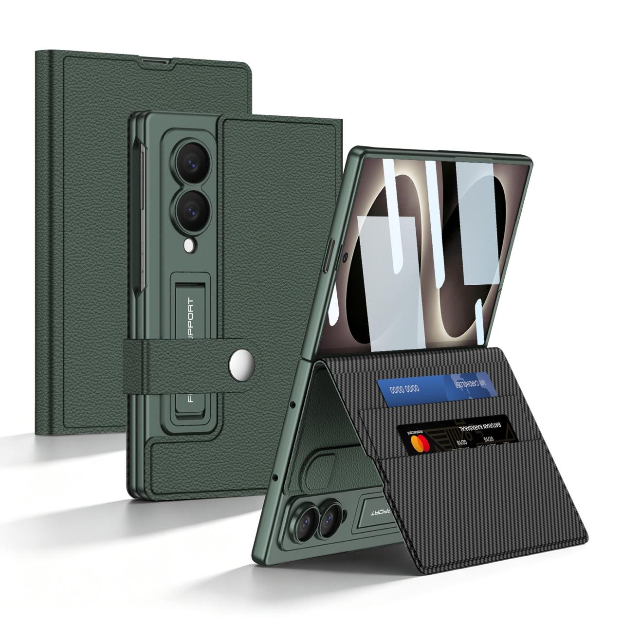 Samsung Z Fold8 GKK Leather Flip Case, Card Slot, Inbuild Front Glass with Kickstand - Green