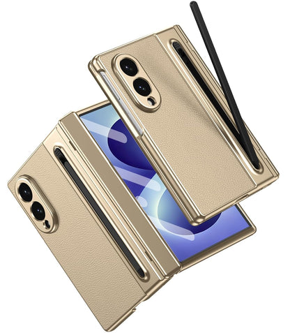 Samsung Z Fold8 Leather Case, Electroplating S Pen Case with Hinge Protection - Gold