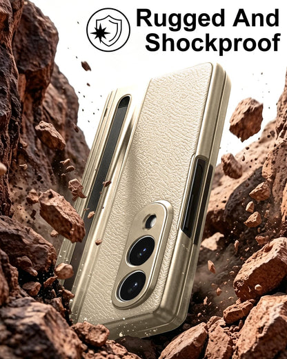 Samsung Z Fold8 Leather Case, Electroplating S Pen Case with Hinge Protection - Gold