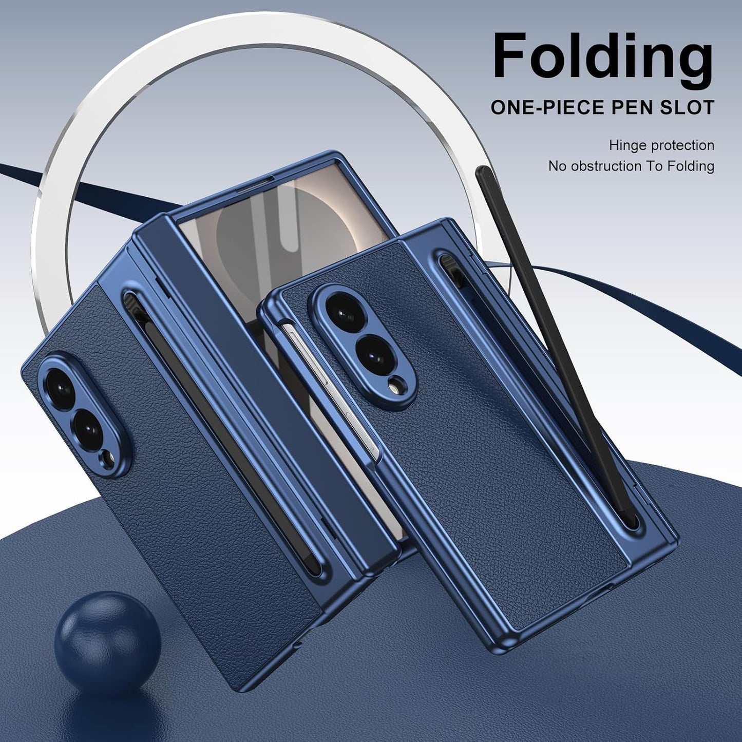 Samsung Z Fold8 Leather Case, Electroplating S Pen Case with Hinge Protection - Blue