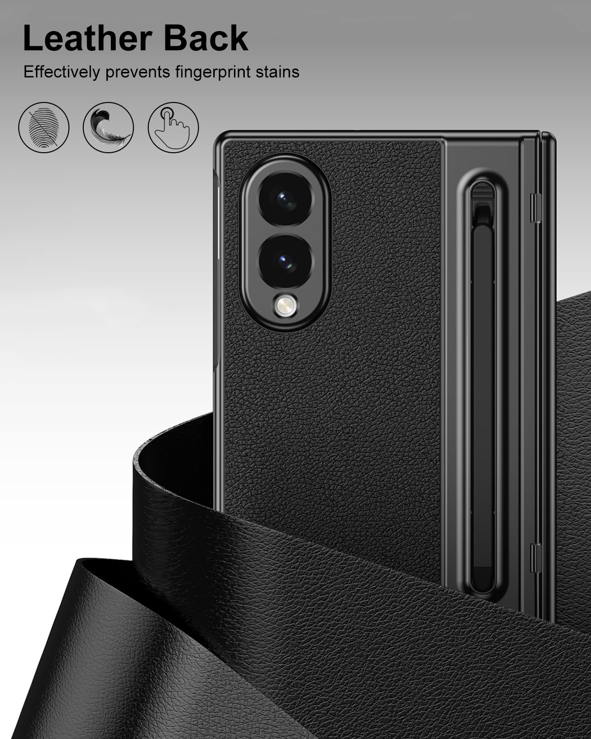 Samsung Z Fold8 Leather Case, Electroplating S Pen Case with Hinge Protection - Black