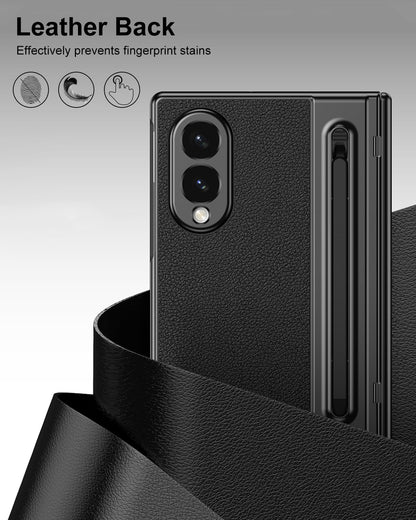 Samsung Z Fold8 Leather Case, Electroplating S Pen Case with Hinge Protection - Black