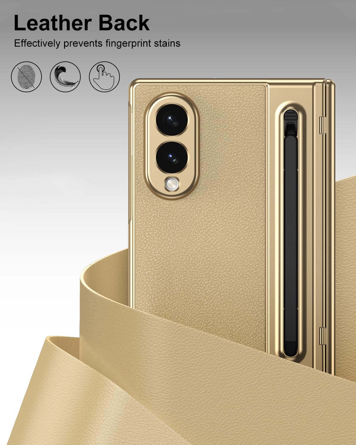 Samsung Z Fold8 Leather Case, Electroplating S Pen Case with Hinge Protection - Gold