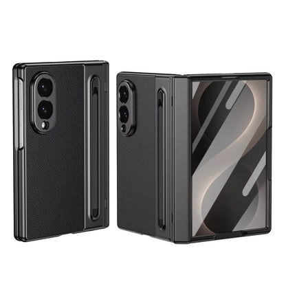 Samsung Z Fold8 Leather Case, Electroplating S Pen Case with Hinge Protection - Black