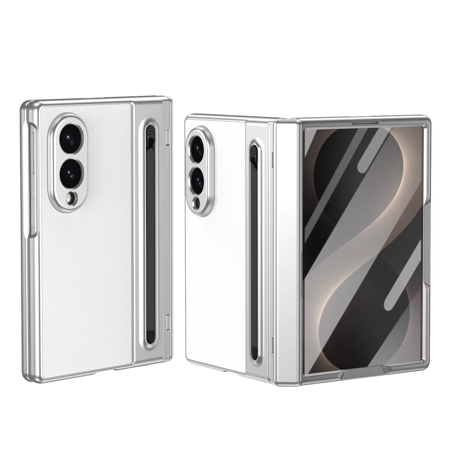 Samsung Z Fold8 Leather Case, Electroplating S Pen Case with Hinge Protection - White