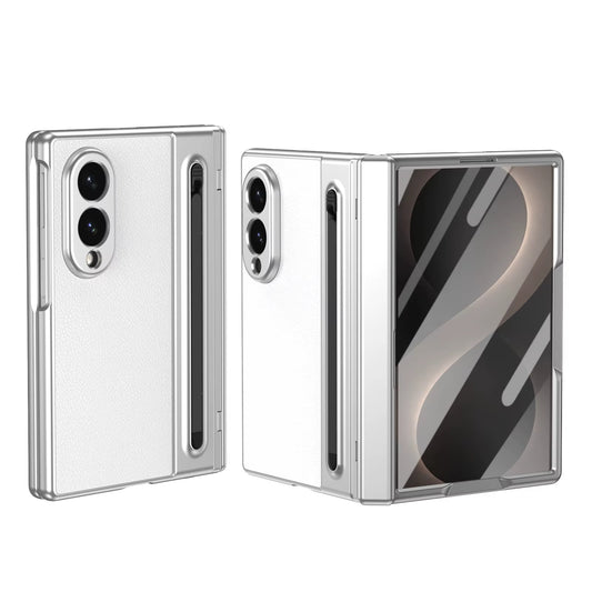 Samsung Z Fold8 Leather Case, Electroplating S Pen Case with Hinge Protection - White
