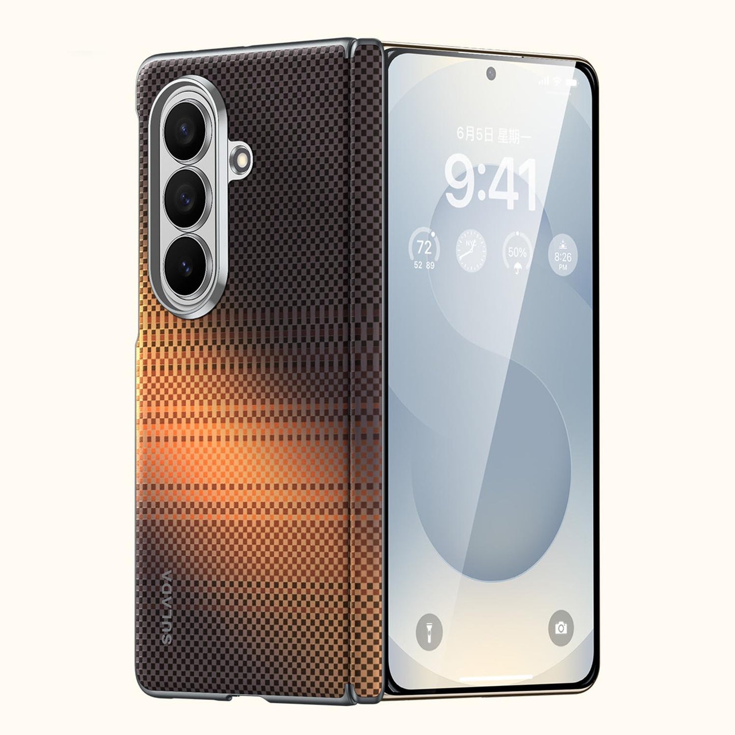 Samsung Z Fold8 Ultra SULADA Carbon Case, Kevlar Woven Carbon Texture Magnetic Cover with Hinge Protection Magsafe (No Front) - Sunset