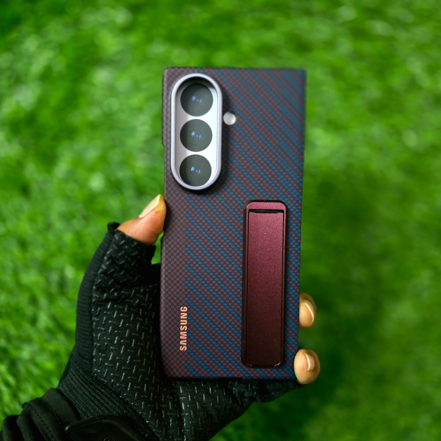 Samsung Z Fold8 Ultra Carbon Standing Case, 0.8mm Slim Carbon Fiber Cover with Magsafe and Kickstand - Wine