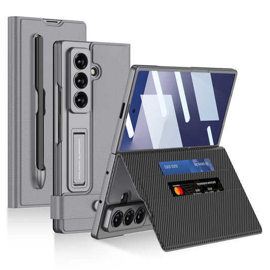 Samsung Z Fold8 Ultra GKK Leather Flip Case, Card Slot, Inbuild Front Glass, Kickstand and S-pen Slot - Grey