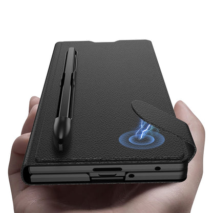 Samsung Z Fold8 Ultra GKK Leather Flip Case, Card Slot, Inbuild Front Glass, Kickstand and S-pen Slot - Black