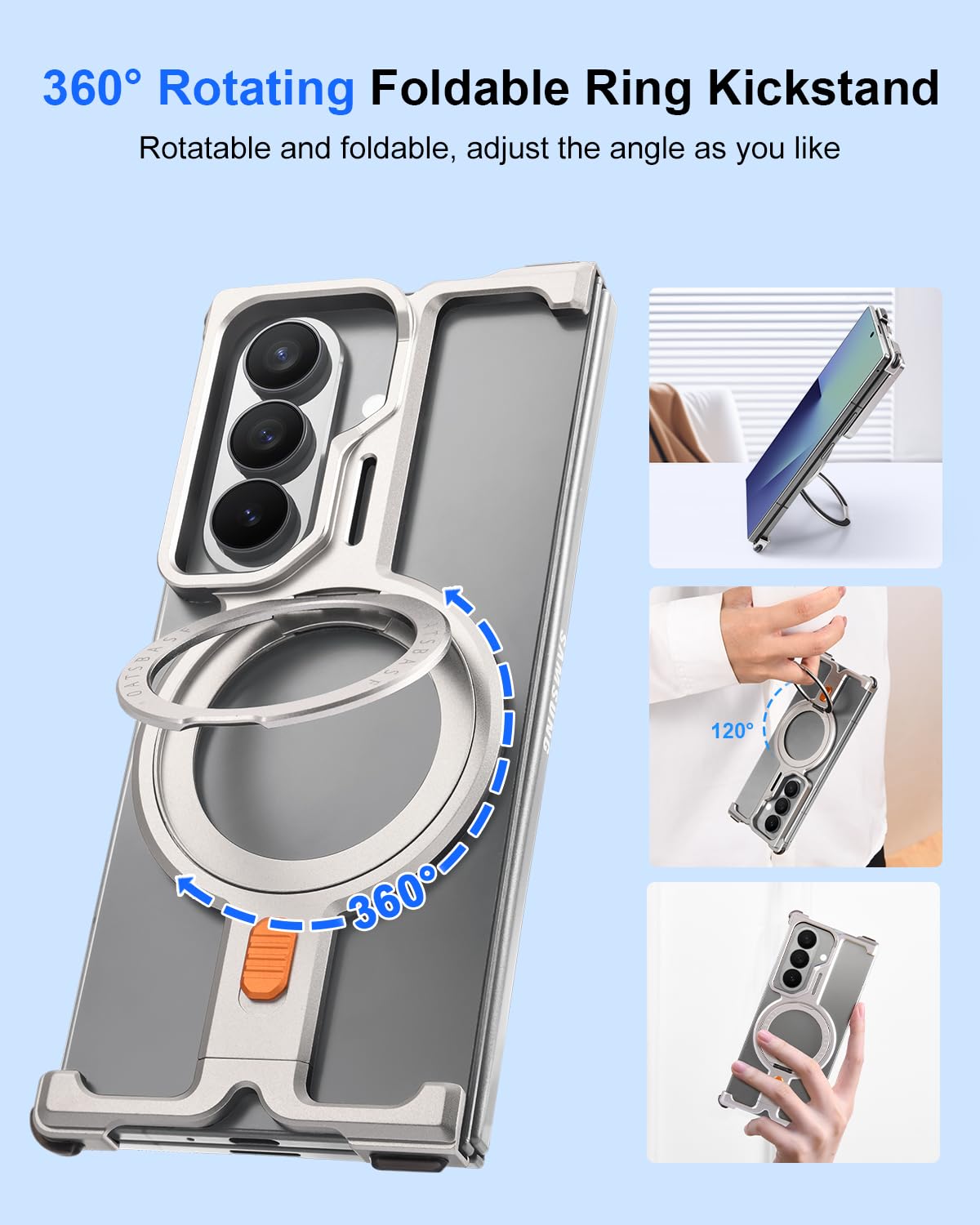 Samsung Z Fold8 Ultra Metal Case, Frameless T Shape Aluminum Alloy 360 ° Magnetic Rotating Ring with Magsafe - Titanium