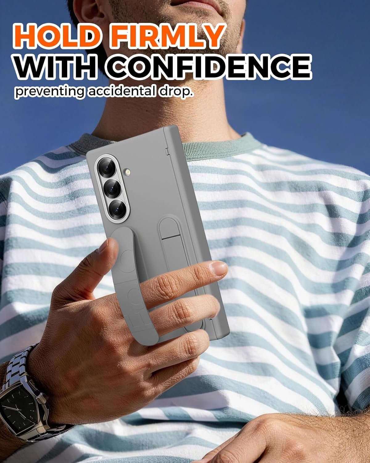 Samsung Z Fold8 Ultra Silicon Skin Feel Band Strip & Kickstand Case with Hinge Protection - Grey