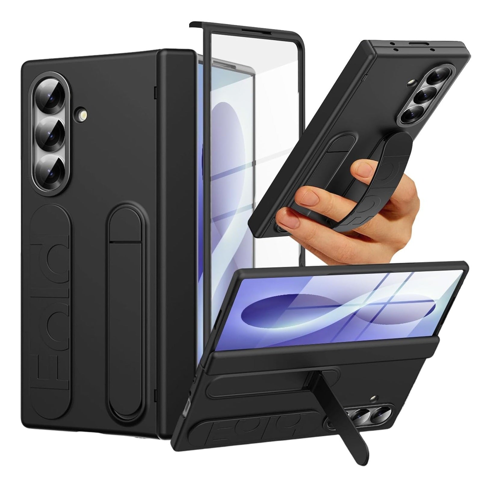 Samsung Z Fold8 Ultra Silicon Skin Feel Band Strip & Kickstand Case with Hinge Protection - Black