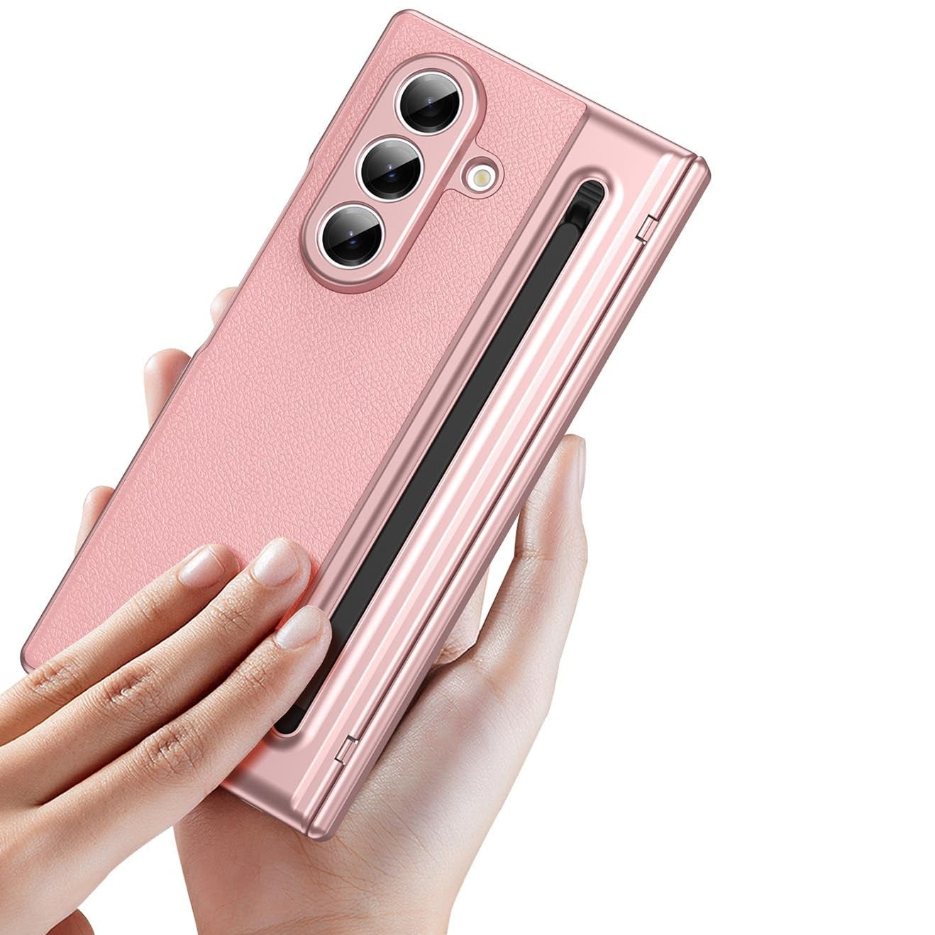 Samsung Z Fold8 Ultra Leather Case, Electroplating S Pen Case with Hinge Protection - Pink