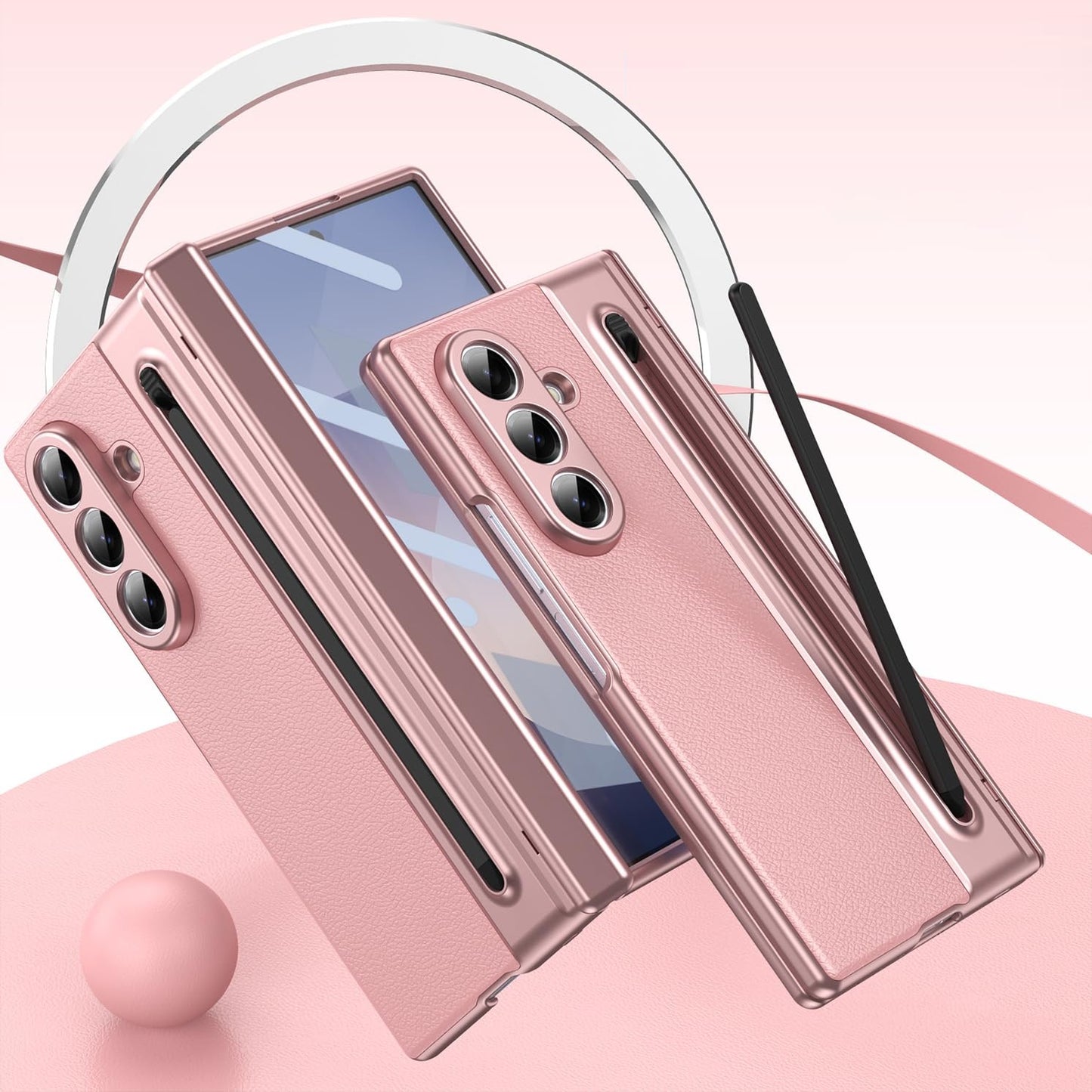 Samsung Z Fold8 Ultra Leather Case, Electroplating S Pen Case with Hinge Protection - Pink