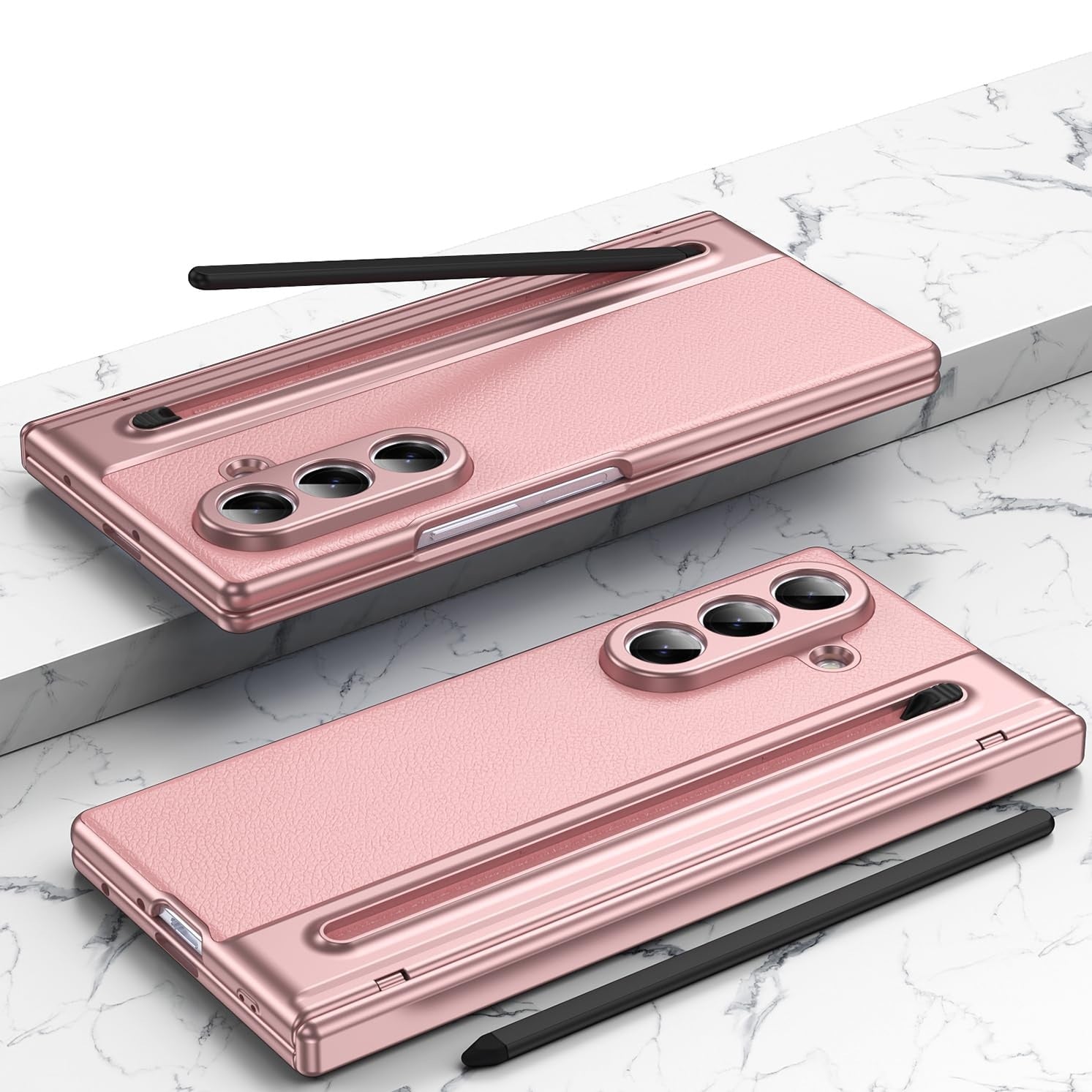 Samsung Z Fold8 Ultra Leather Case, Electroplating S Pen Case with Hinge Protection - Pink