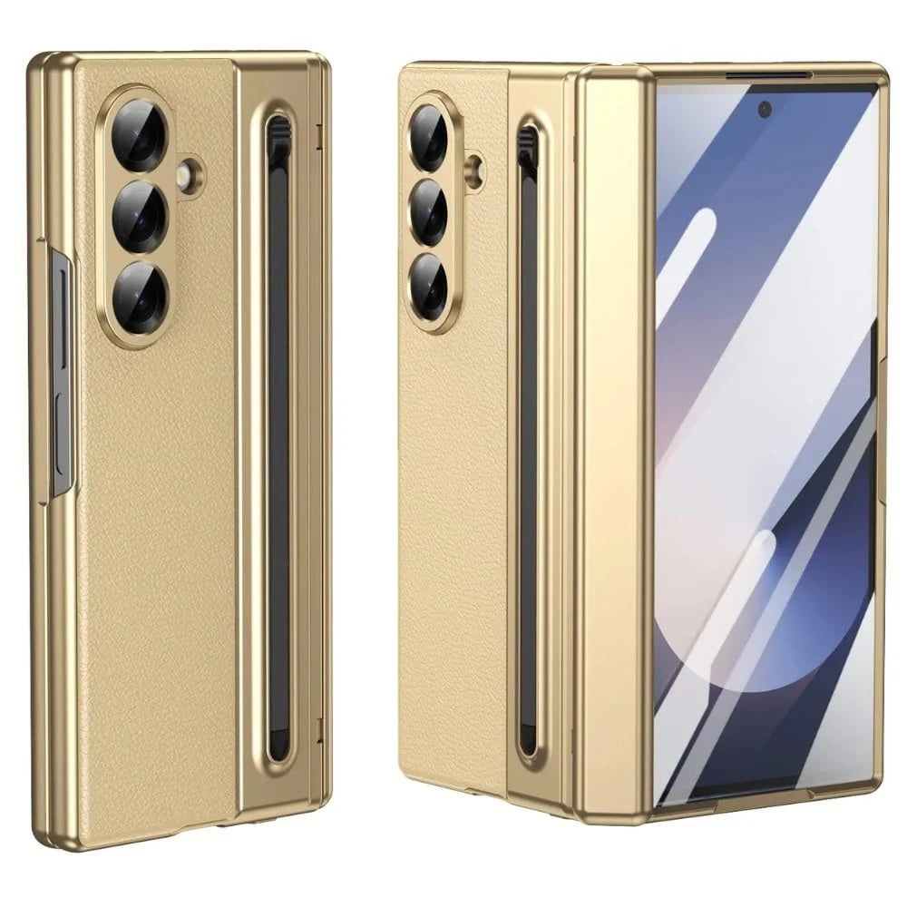 Samsung Z Fold8 Ultra Leather Case, Electroplating S Pen Case with Hinge Protection - Gold